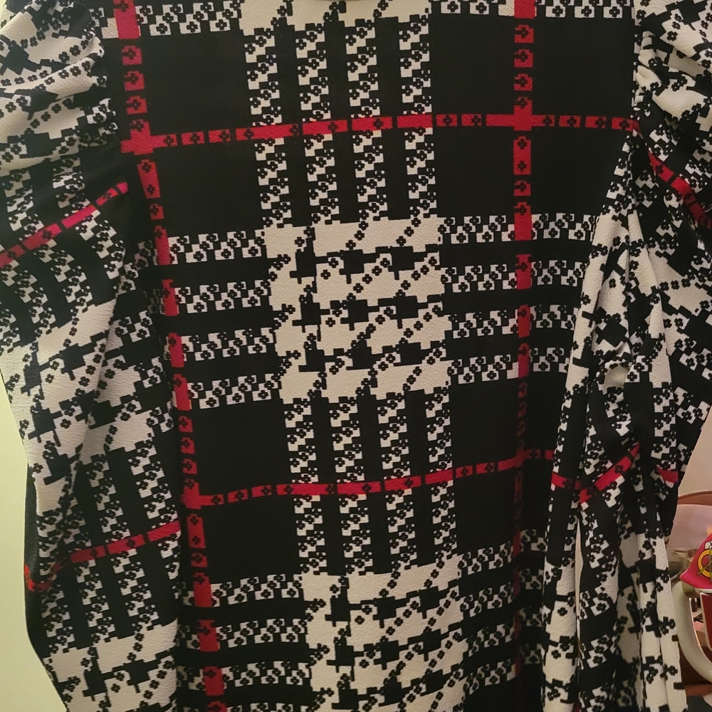 Black and White Plaid Blouse with Red Accents. Youthful Puffy Shoulders.